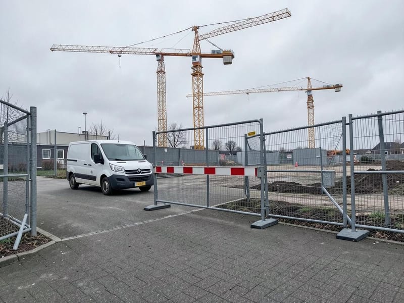 Afgezette bouwplaatsingang met tijdelijk hekwerk en slagboom